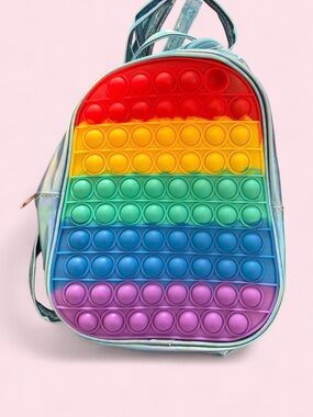 Mini Iridescent Rainbow Pop It Backpack, Zip Closure, Adjustable Strap